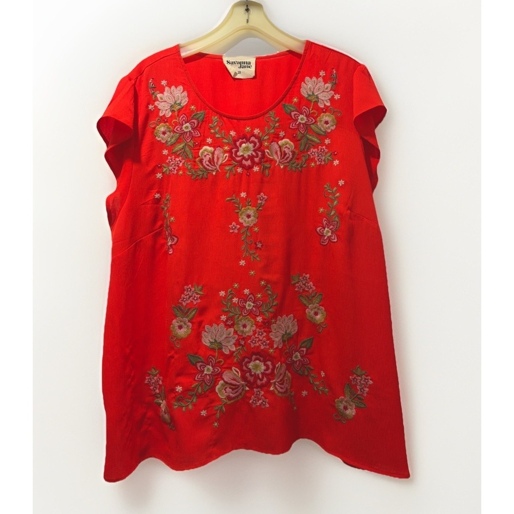 Savanna Jane Embroidered Peasant Blouse Size 2X Floral Deep Orange Boho Chic